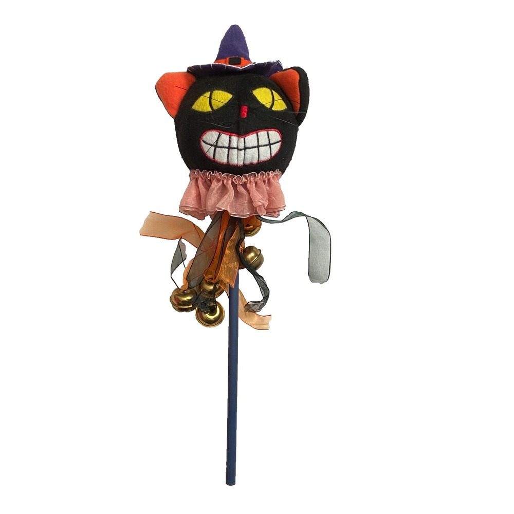 Halloween Decor Black Cat Plush Felt Head Primitive Folk Art Style on Stick